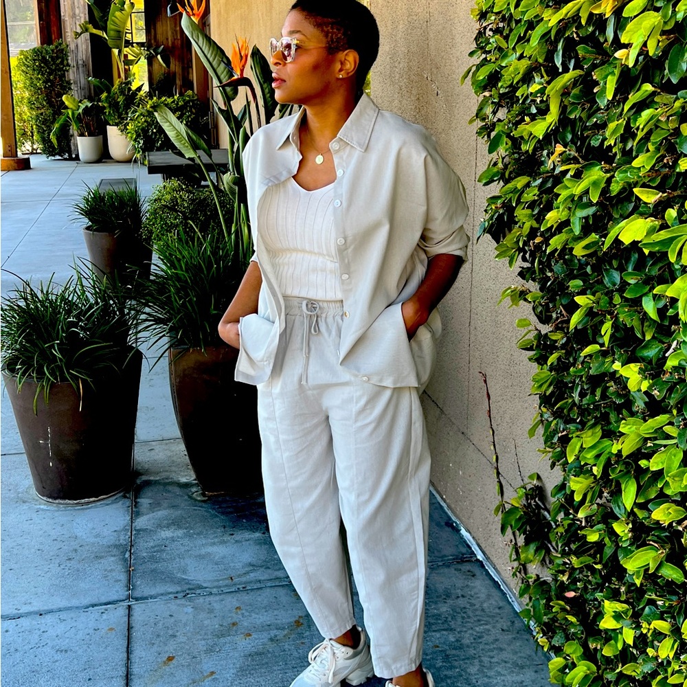Linen Button Down Pant Set - Light Grey